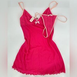 Victoria’s Secret Hot Pink Chemise w/ Mesh And Lace Slip Dress Set Panties